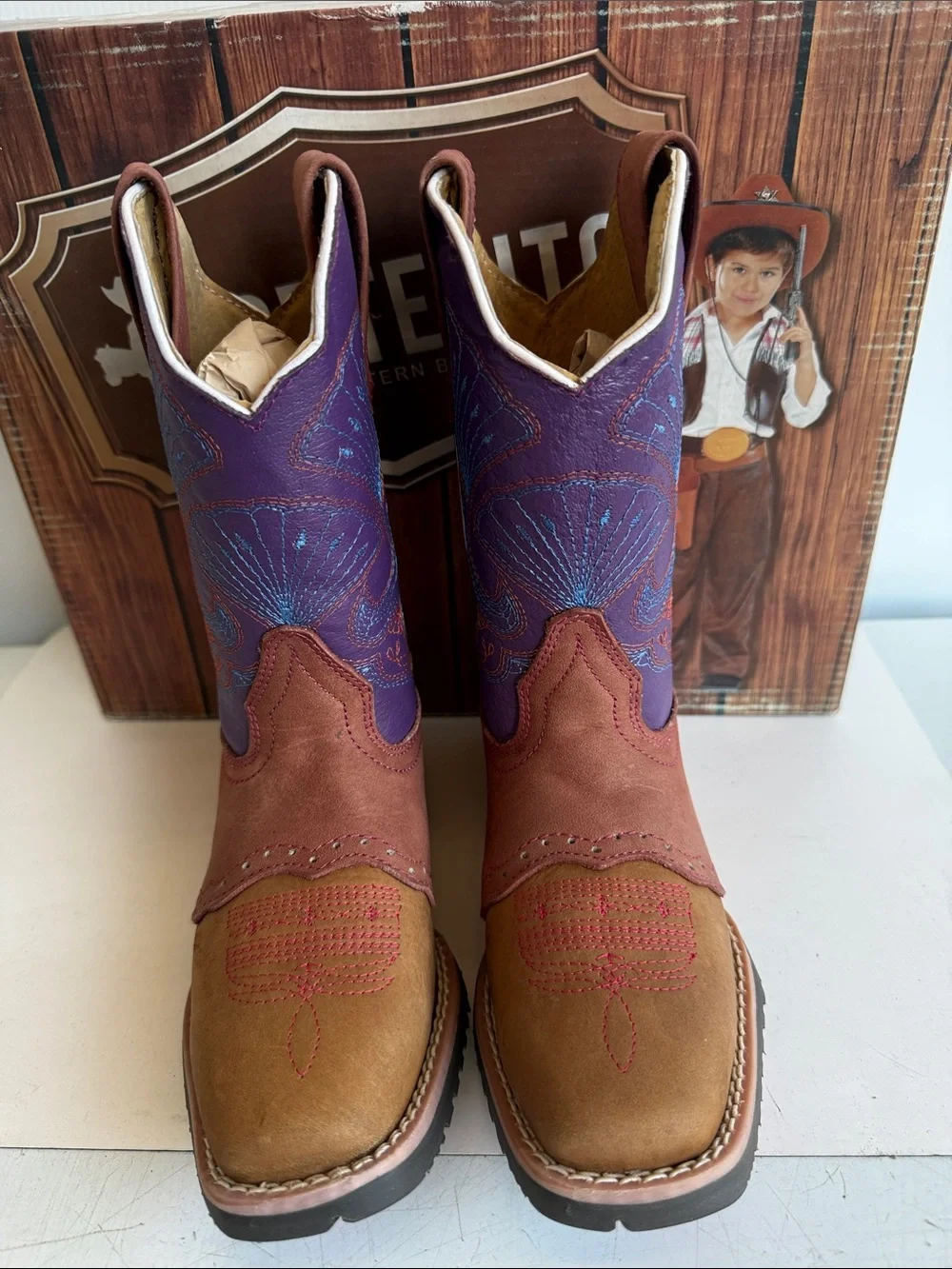 NEW EL NORTEÑO FAMILY COWBOY BOOTS NORTEÑITO SIZE 12.5 GIRLS BOYS BROWN PURPLE